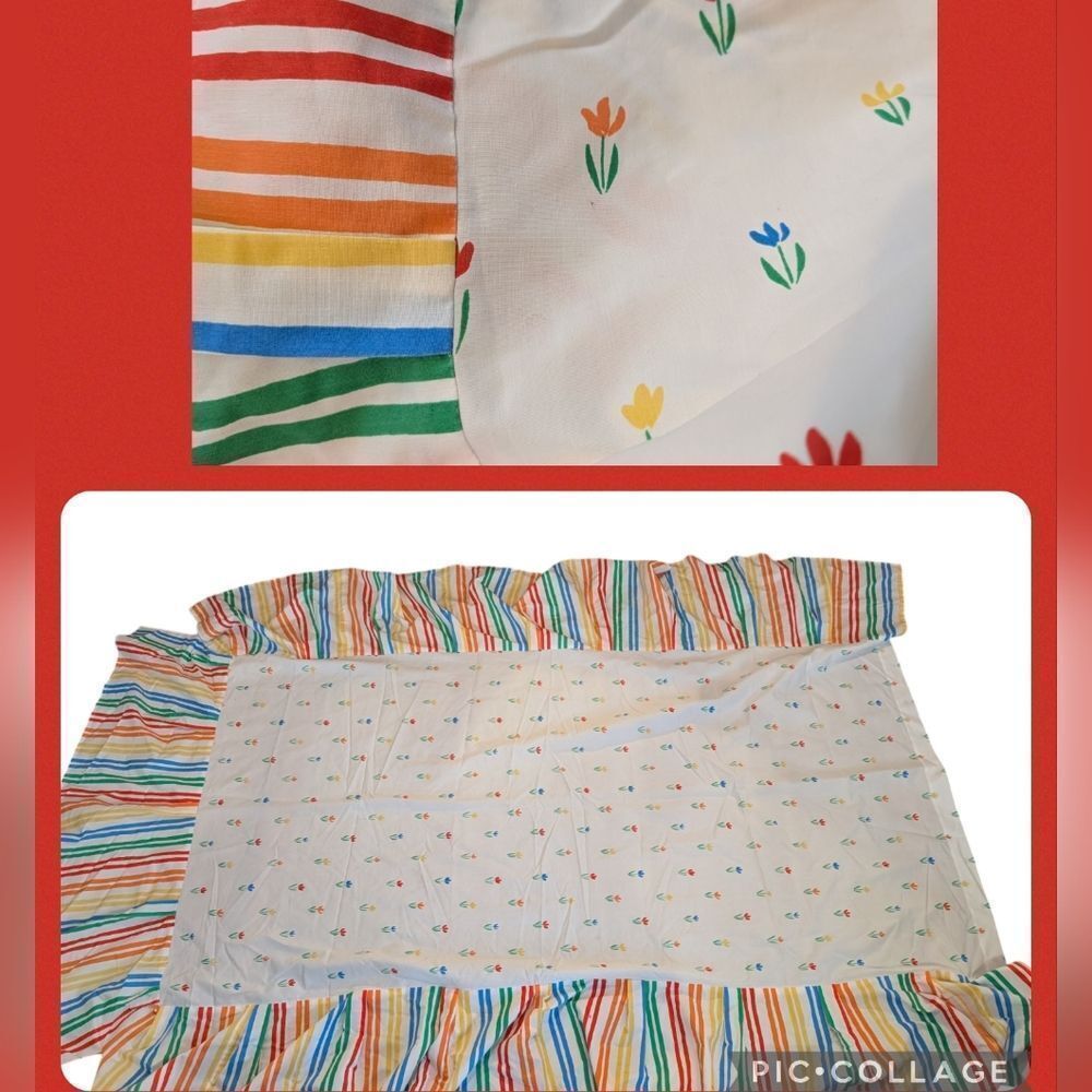 Vintage rainbow stripes and floral print twin bed skirt‎